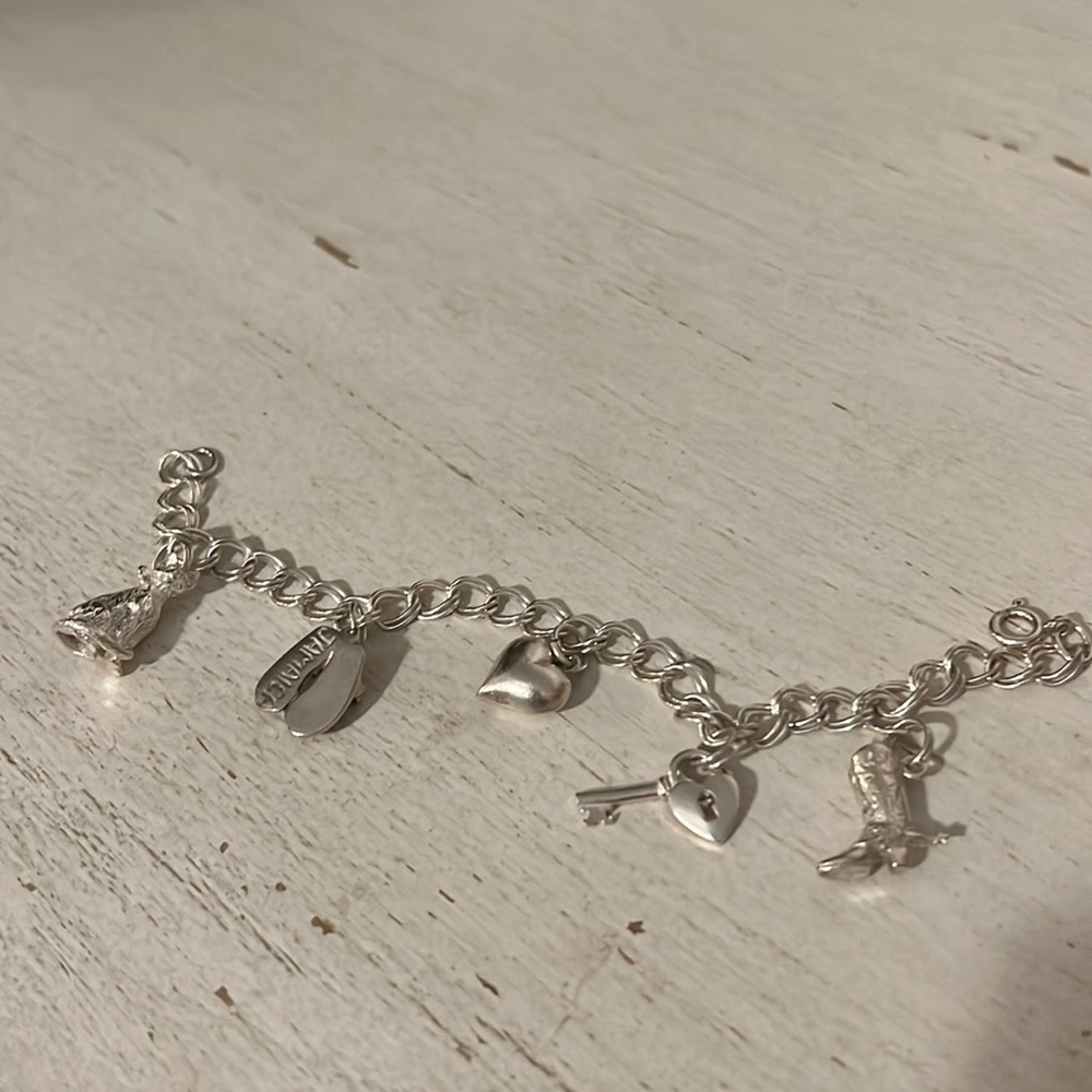 Sterling Silver charm bracelet cat western boots lock key heart sandals charms